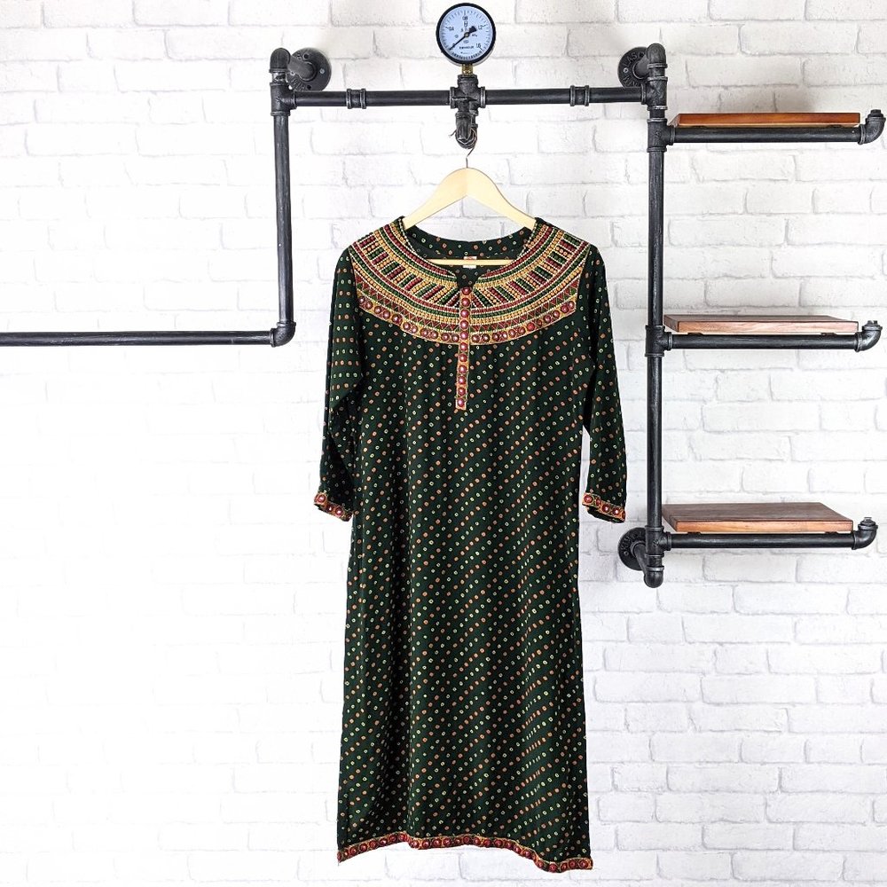Dark Green Embroidered Indian Kurta Side Slit